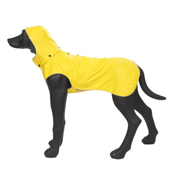 Rukka-Pets-Regenmantel-Stream-Gelb-auf-model-mit-kapuze-seitenansicht