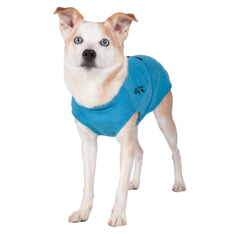 Chilly-Dogs-Bademantel-soaker-robe-Blau-Hund-Frontansicht