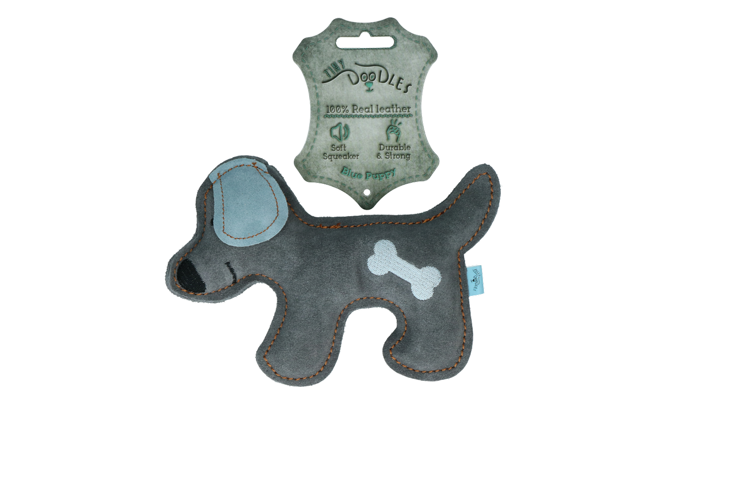 Doggy-Doodles-Hundespielzeug-Puppy-Grau-Blau-Etikett